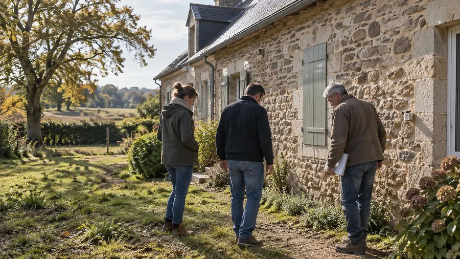 Une longère en pierre au toit d’ardoises et aux volets gris-vert, avec une lucarne ; Yannick Bourdais, carnet à la main, et un couple marchent le long de la façade en regardant le pied du mur, dans un pré d’automne bordé d’un grand arbre