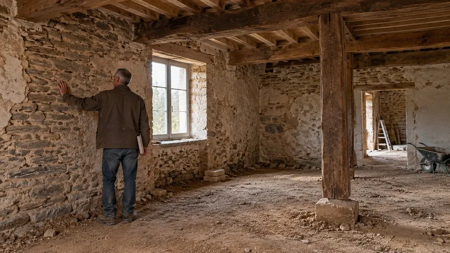 La pièce principale d’une longère vidée avant travaux : murs de moellons aux restes d’enduit, grosses poutres et poteau de chêne sur une pierre, sol de terre battue ; Yannick Bourdais, de dos, pose la main à plat sur le mur, près d’une fenêtre à petits carreaux