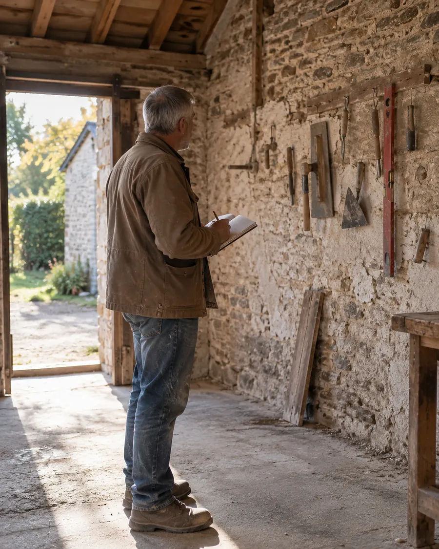 Yannick Bourdais, de trois quarts, carnet et crayon en main, dans un ancien atelier aux murs de pierre où restent accrochés une taloche, des truelles et un niveau rouge ; la porte ouverte donne sur une cour ensoleillée