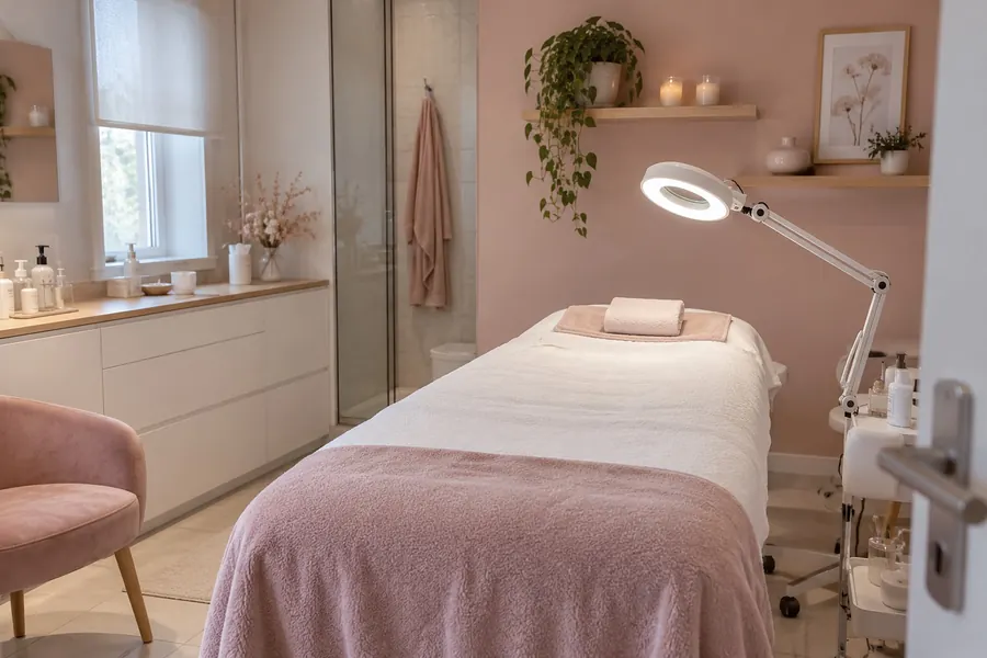 La cabine, murs rose poudré : lit de soin couvert de serviettes blanches et roses, lampe loupe, fauteuil en velours et étagères avec plantes et bougies