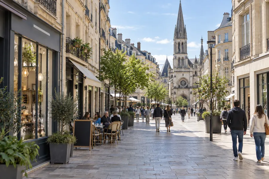 Rue piétonne du centre de Caen en pierre claire, une terrasse de café et des passants, une église gothique au fond