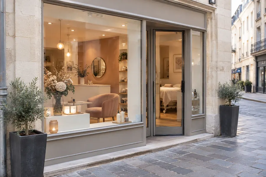 La devanture de l’institut dans une rue pavée aux façades en pierre claire : grande vitrine, fauteuil rose et bouquet, porte ouverte sur la cabine, deux oliviers en pot