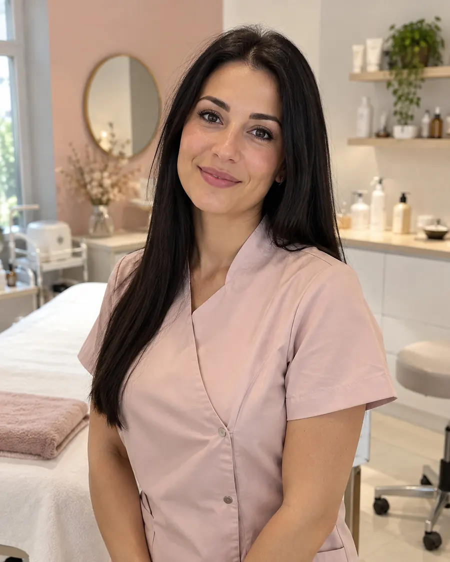 Portrait de la fondatrice, longs cheveux noirs lissés et tunique rose poudré, souriante dans sa cabine