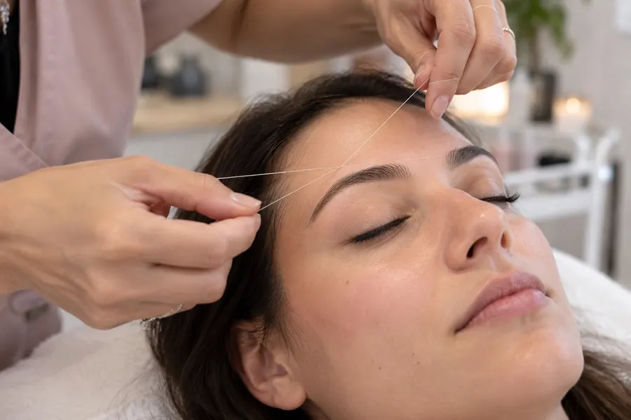 Épilation des sourcils au fil : les mains de l’esthéticienne tendent le fil au-dessus du sourcil d’une cliente allongée, les yeux fermés
