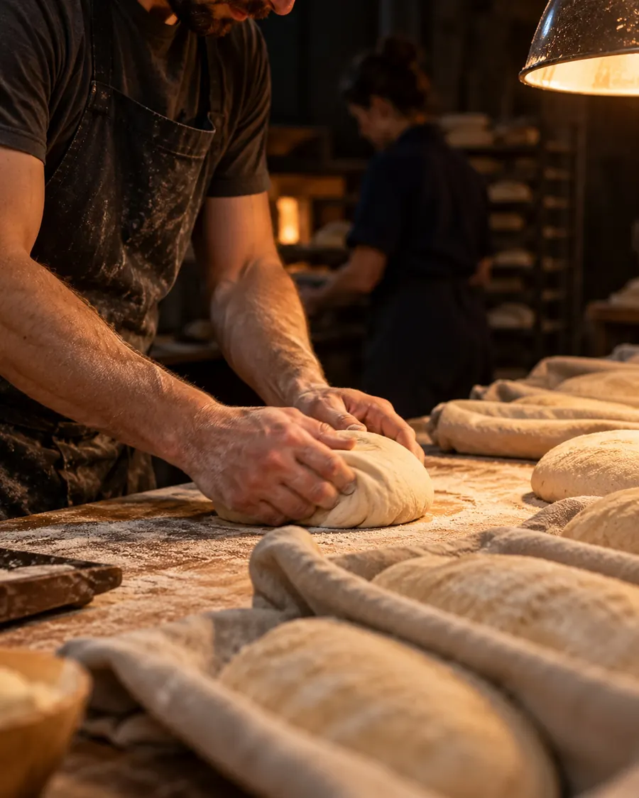Les mains farinées d’un boulanger façonnent un pâton sur un plan de travail en bois saupoudré de farine, sous une lampe suspendue ; au premier plan, des pâtons alignés dans les plis de couches de lin, et au fond une boulangère près des étagères de pains