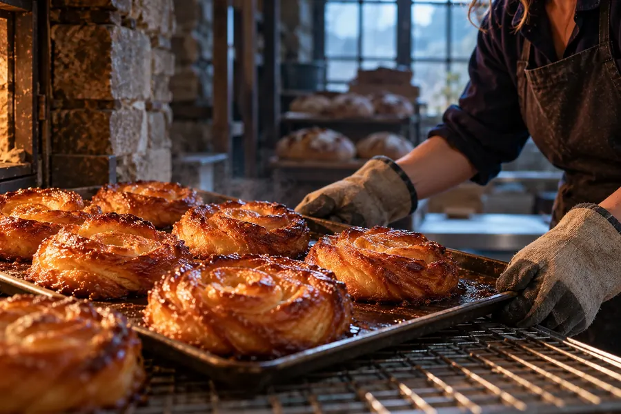 Une plaque de gâteaux feuilletés en spirale, caramélisés et brillants, tout juste sortis du four et posés sur une grille ; une boulangère en tablier les tient avec des gants de four, des miches sur les étagères et la lumière bleutée d’une grande fenêtre derrière elle