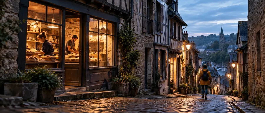 Rue pavée en pente du vieux Dinan à la tombée du jour, entre des maisons de pierre et à pans de bois : à gauche, la vitrine éclairée d’une petite boulangerie où l’on voit le boulanger et la boulangère parmi les pains ; un passant en ciré jaune descend vers le port, un clocher et les mâts des bateaux au loin