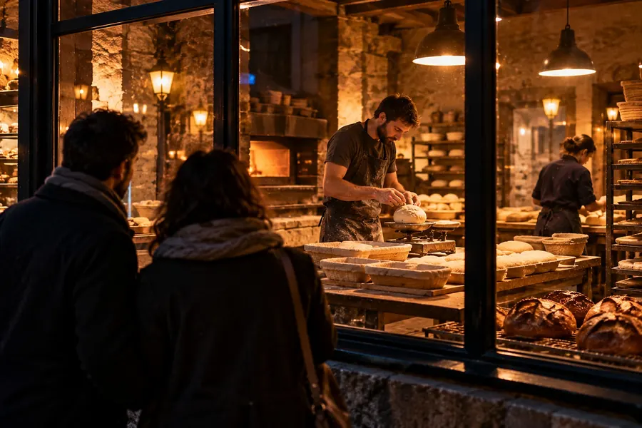 Vu de la rue, de nuit, un couple de promeneurs de dos regarde à travers la vitre d’un fournil éclairé : le boulanger pèse une boule de pâte sur une balance, entouré de bannetons et de miches qui refroidissent sur une grille, une boulangère travaille au fond