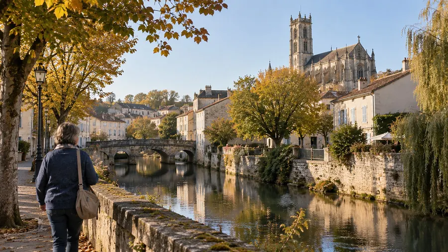 Fontenay-le-Comte un matin d’automne : la rivière Vendée bordée de murs de pierre, un vieux pont et le clocher de l’église Notre-Dame au-dessus des toits ; Odile Guilbaud marche sur le quai