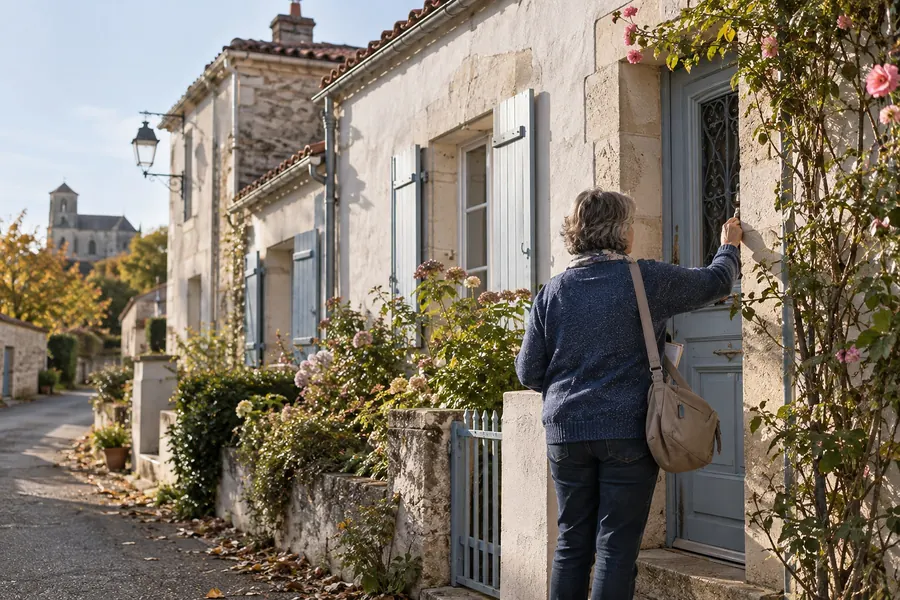 Une maison de bourg du Sud-Vendée à la façade de pierre claire, tuiles rondes et volets bleu pâle, devant un rosier et un petit portail ; Odile Guilbaud, de dos, sacoche à l’épaule, frappe à la porte. Au fond de la rue, un clocher