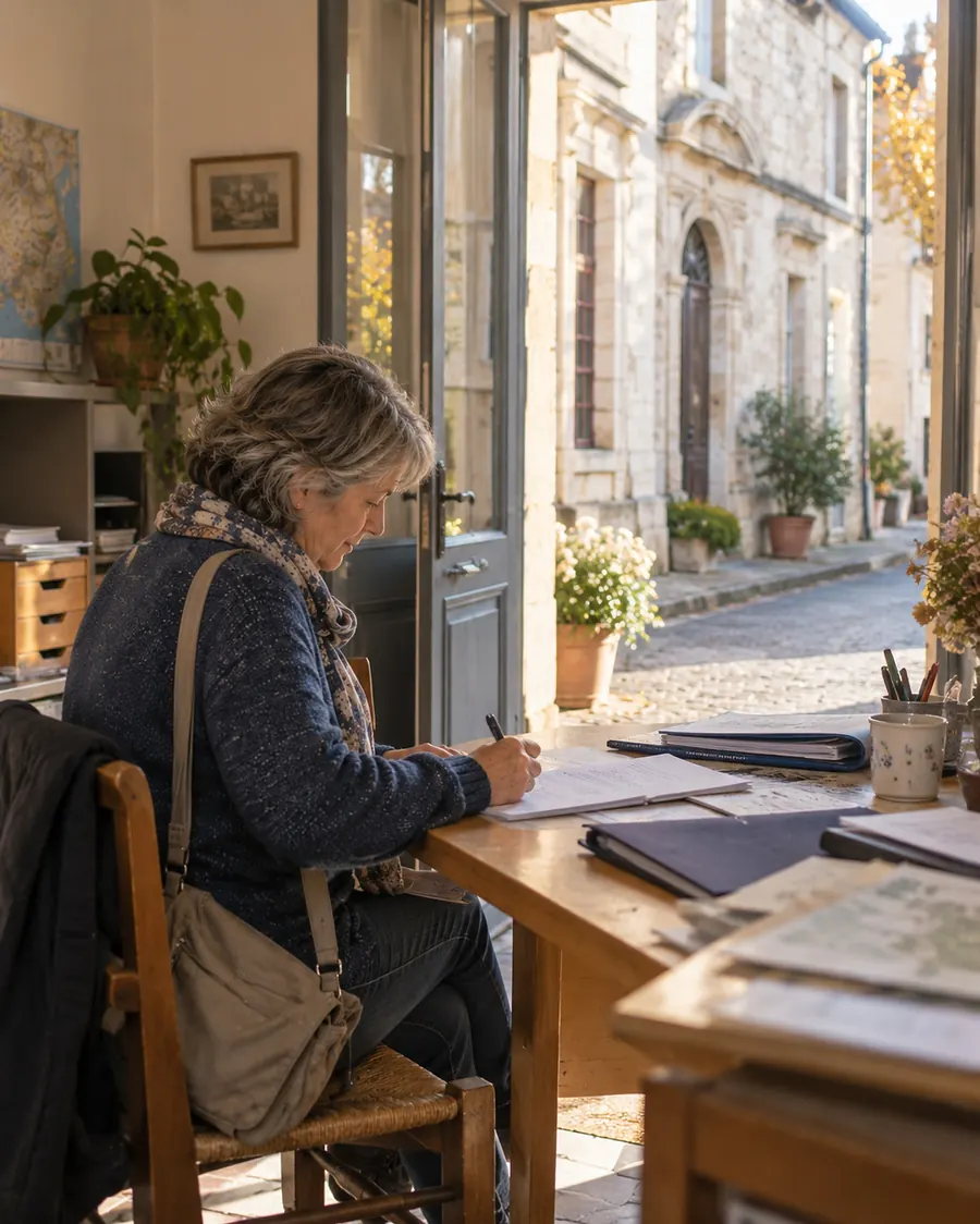 Odile Guilbaud écrit à la main à une table en bois, dans un petit bureau de plain-pied dont la porte est ouverte sur une rue pavée et des façades de pierre du centre de Fontenay-le-Comte
