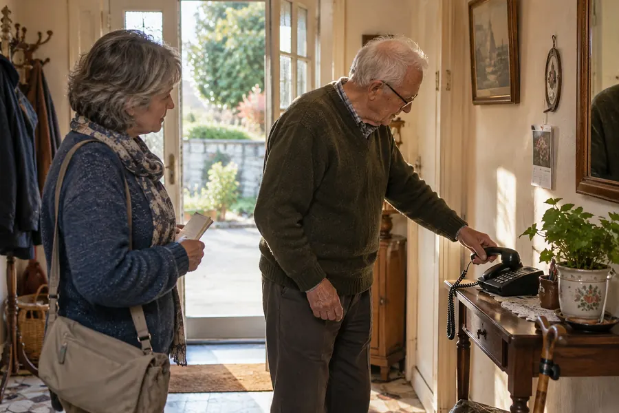 Dans l’entrée d’une maison, un monsieur âgé en pull vert raccroche calmement un téléphone fixe posé sur une console en bois ; Odile Guilbaud, sacoche à l’épaule, tient une petite carte à la main