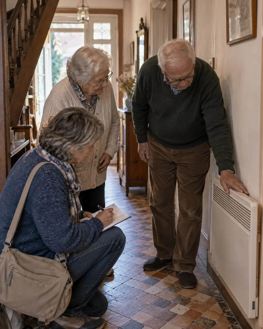 Dans un couloir carrelé, un monsieur âgé pose la main sur un radiateur électrique fixé au mur ; sa femme regarde, et Odile Guilbaud, accroupie, prend des notes sur un carnet