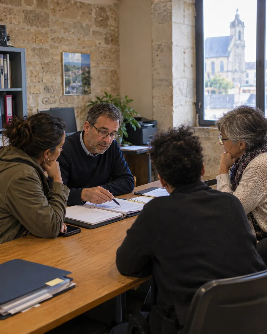 Romain Desmarest, lunettes et pull bleu marine, explique un classeur de procès-verbaux ouvert à trois membres d’un conseil syndical, autour d’une table, dans un bureau aux murs de pierre ; par la fenêtre, une église de Pontoise