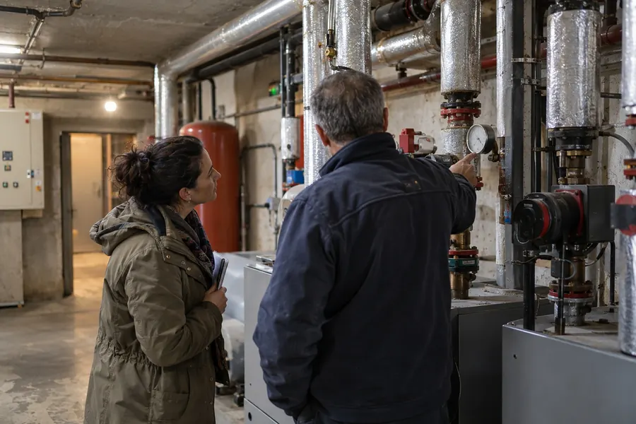 Dans la chaufferie collective d’un immeuble, Nadia Ferhat regarde un gardien montrer un manomètre sur les tuyaux calorifugés, à côté d’un vase d’expansion rouge