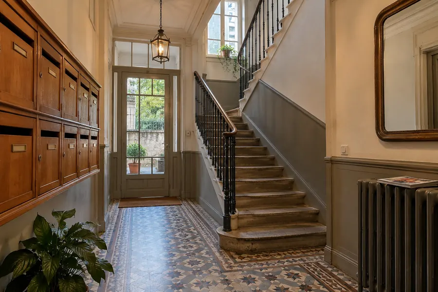 Le hall d’un petit immeuble ancien : boîtes aux lettres en bois sans nom lisible, sol en carreaux de ciment, escalier de pierre à rampe en fer forgé, un prospectus posé sur le radiateur