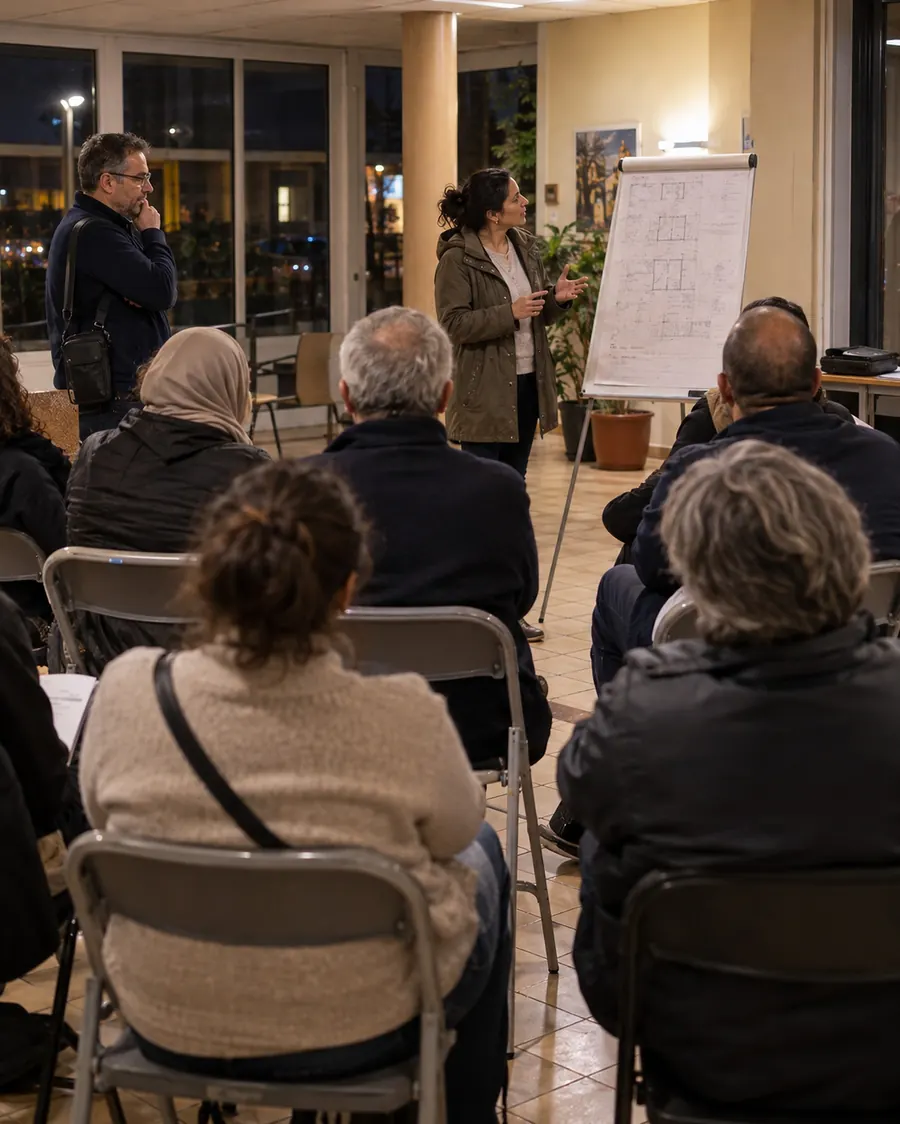 Le soir, dans la salle commune d’une résidence, une dizaine de copropriétaires assis sur des chaises pliantes écoutent Nadia Ferhat, parka kaki, qui explique un plan d’immeuble dessiné sur un tableau papier ; Romain Desmarest, debout au fond, écoute