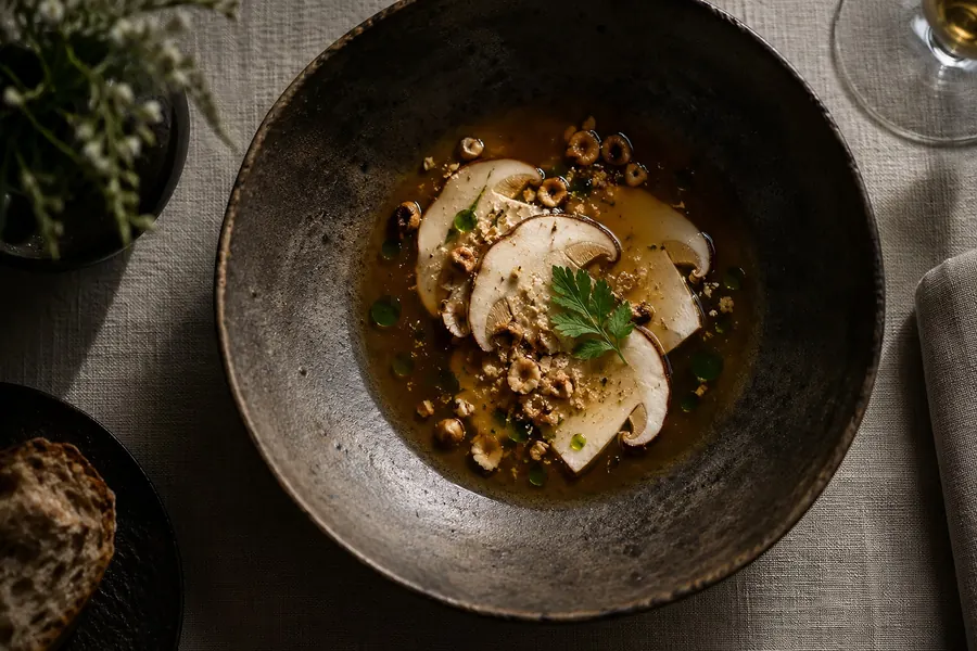Bouillon de cèpes dans une assiette creuse en grès sombre, lamelles de cèpes, noisettes concassées et feuille de livèche