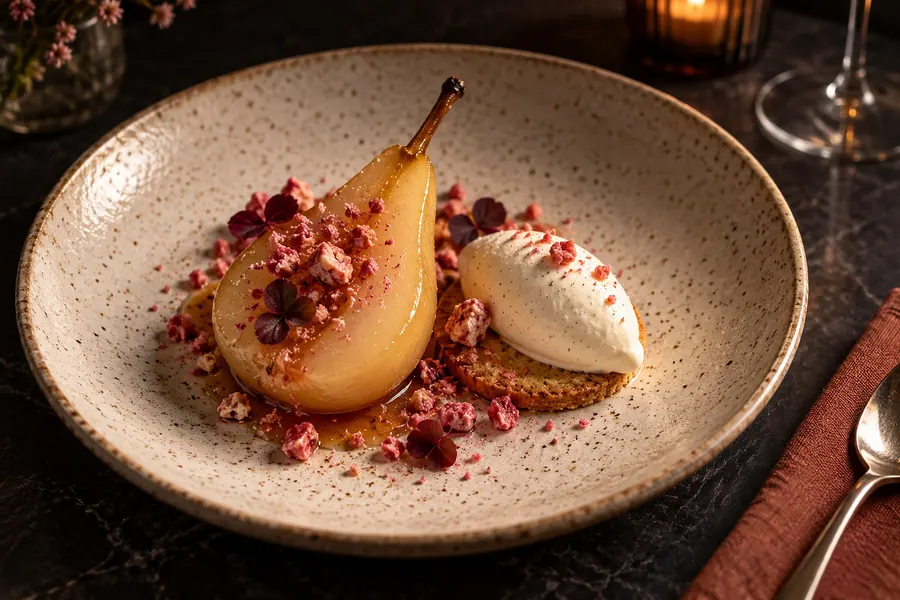 Poire pochée, éclats de praline rose, quenelle de crème crue et sablé sur une assiette mouchetée