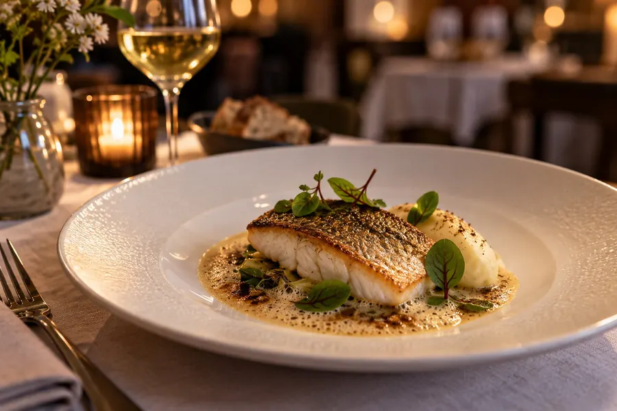 Filet de féra à la peau dorée dans une assiette blanche, beurre noisette mousseux, oseille et purée de pommes de terre