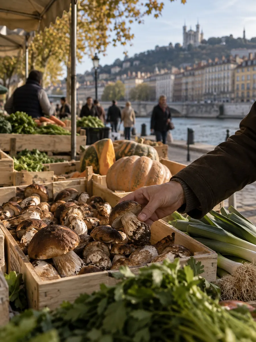 Au marché du quai, une main choisit un cèpe dans une cagette, à côté des courges et des poireaux ; Fourvière au fond, de l’autre côté de la Saône