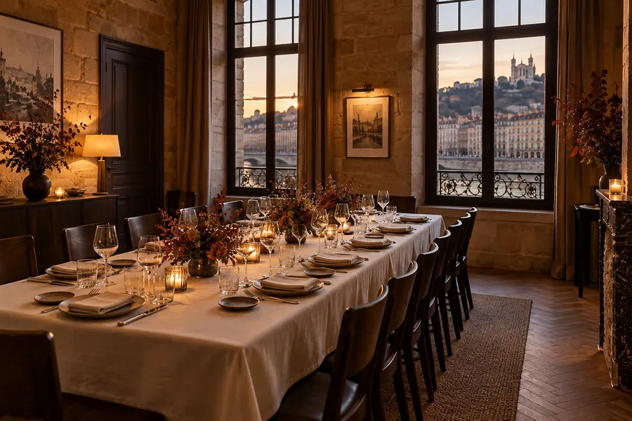 Le salon privé : une longue table dressée pour quatorze, murs de pierre et deux hautes fenêtres sur la Saône