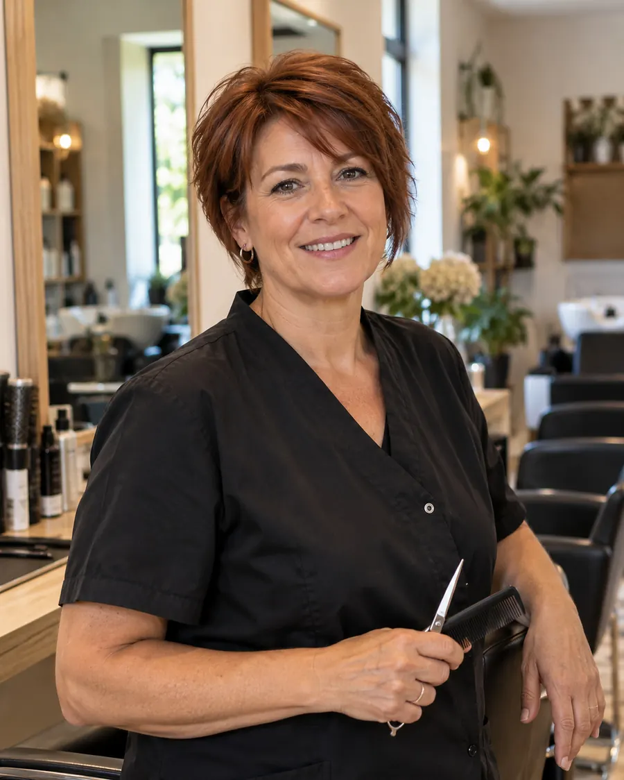 Christelle Bourdais, cheveux courts auburn et blouse noire, sourit dans son salon, ciseaux et peigne à la main