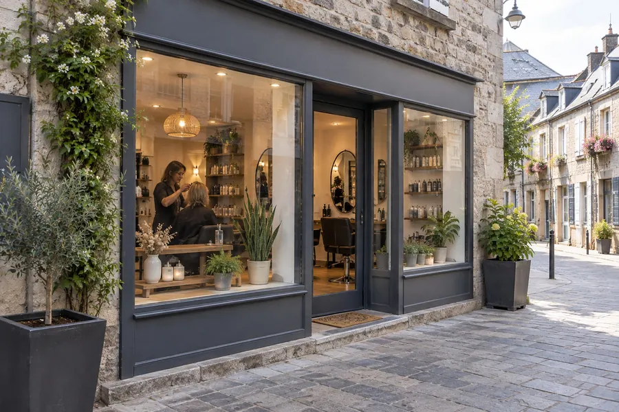 La devanture gris anthracite du salon dans une rue pavée bordée de maisons en pierre, une plante grimpante à fleurs blanches le long de la vitrine et une coiffeuse au travail derrière la vitre