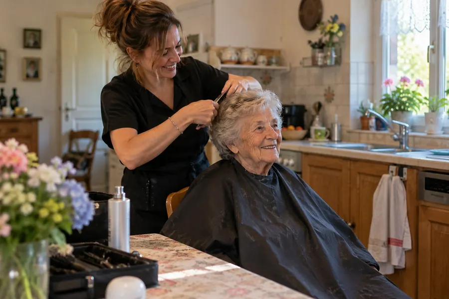 Manon coiffe une dame de quatre-vingt-cinq ans aux cheveux blancs, assise dans sa cuisine, une cape noire sur les épaules