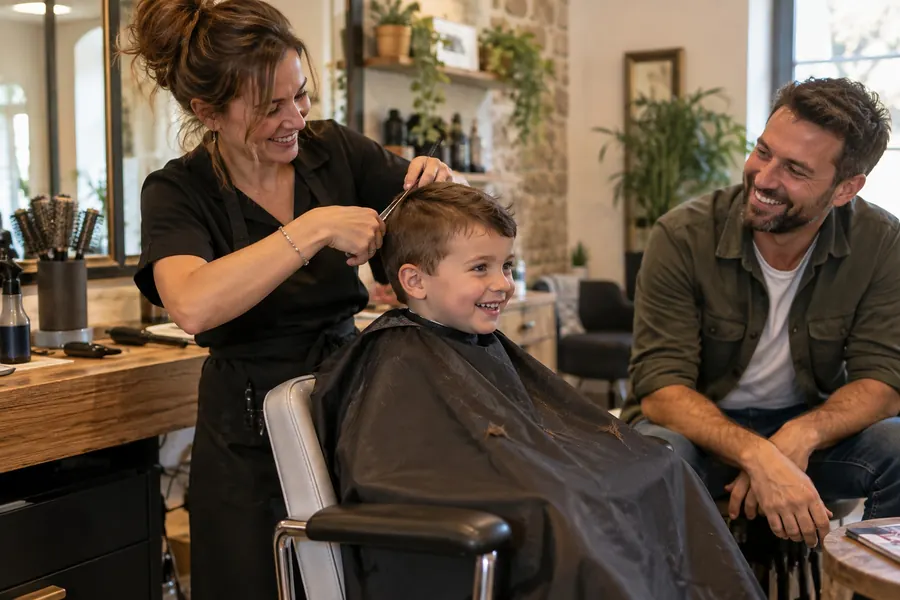 Manon, les cheveux relevés en chignon, coupe les cheveux d’un garçon de six ans qui rit, sous le regard amusé de son père assis à côté