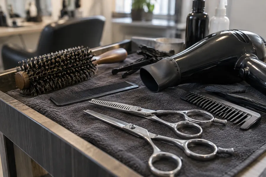 Sur une serviette grise, deux paires de ciseaux, deux peignes, une brosse ronde et un sèche-cheveux posés sur la tablette du salon