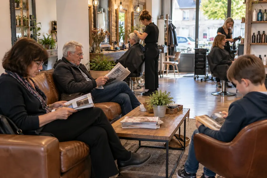 Un samedi matin au salon : une femme, un homme aux cheveux blancs et un garçon lisent dans les fauteuils en cuir pendant que deux coiffeuses travaillent devant les miroirs