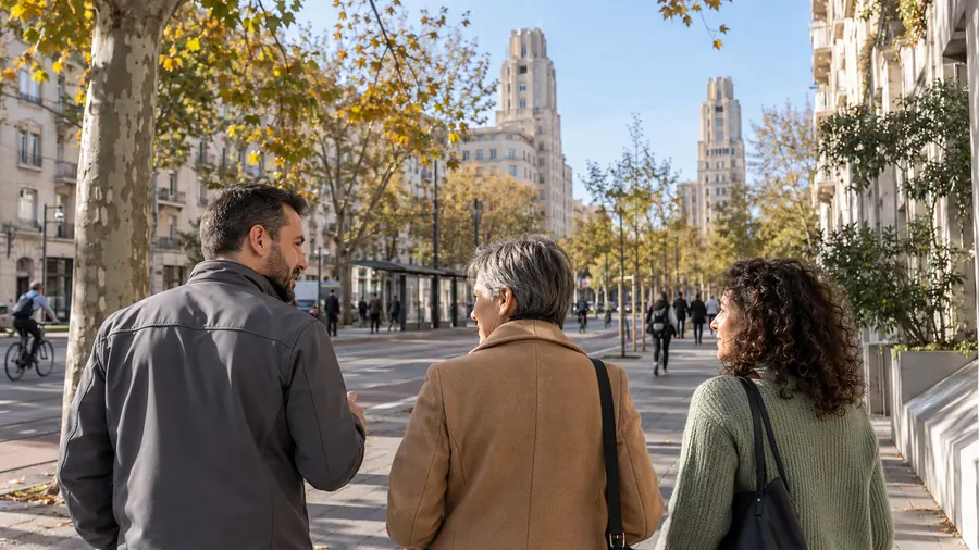 Vus de dos, Karim Benali, Lucie Fontanel et Agnès Rivoire marchent sur une avenue bordée de platanes jaunissants qui mène aux deux tours des Gratte-Ciel de Villeurbanne