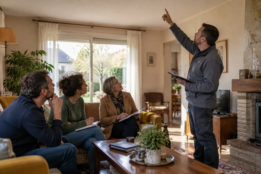 Dans le salon d’une maison, un homme barbu en veste grise, une tablette à la main, montre le plafond du doigt ; un couple et une femme en manteau camel, assis sur le canapé avec des carnets, lèvent les yeux