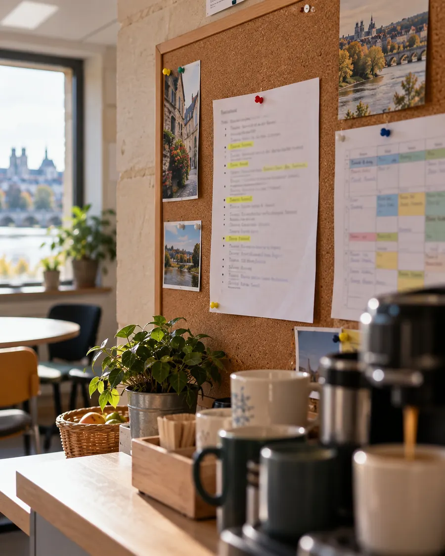 Un tableau en liège dans une salle de pause : une feuille de règles punaisée avec quelques lignes surlignées en jaune, un planning en couleurs et des cartes postales de la Loire ; des tasses et une machine à café au premier plan