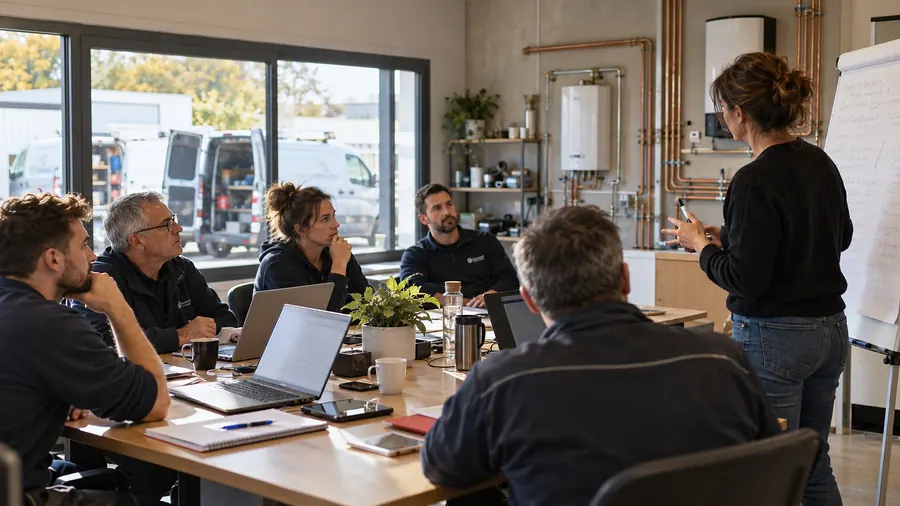 Une formatrice debout, de dos, près d’un paperboard, parle à six salariés d’une entreprise de plomberie assis autour d’une table avec leurs ordinateurs ; des tuyaux de cuivre au mur et des utilitaires garés derrière la baie vitrée