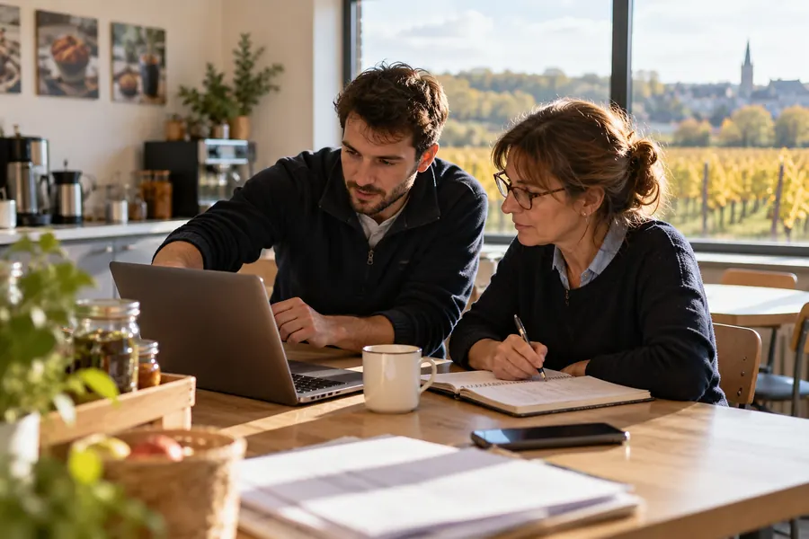 Un jeune homme en polaire et une femme à lunettes travaillent en binôme à une table de salle de pause, lui devant l’ordinateur, elle prenant des notes dans un carnet ; des vignes jaunies et un clocher par la fenêtre