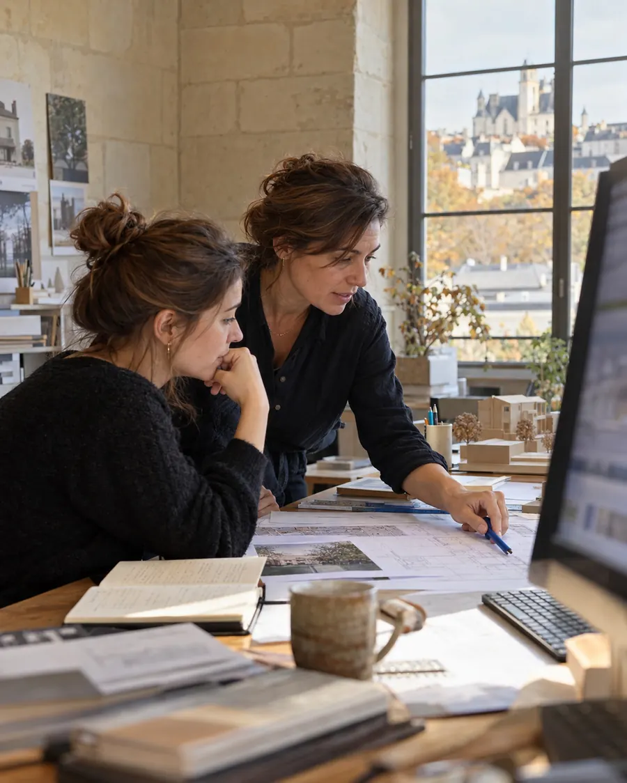 Deux femmes penchées sur des plans dans un cabinet d’architectes aux murs de tuffeau ; l’une pointe une ligne au stylo bleu, l’autre écoute, la main sous le menton ; une maquette en bois et la ville en automne derrière la vitre