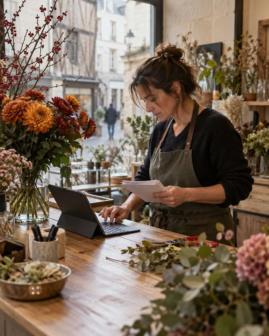 Une fleuriste en tablier kaki tape sur une tablette posée sur son comptoir en bois, des feuilles à la main, entre un bouquet de chrysanthèmes orangés et des branches de baies rouges ; une rue piétonne à colombages derrière la vitrine