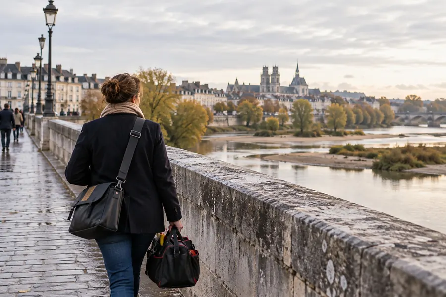 Une femme de dos, sacoche en bandoulière et sac de matériel à la main, marche sur un pont de pierre au-dessus de la Loire à Tours, un matin gris d’automne, la cathédrale et les quais en arrière-plan