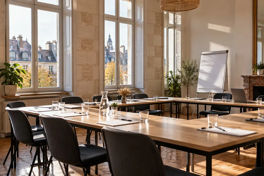 Une salle de formation lumineuse aux murs de tuffeau, tables en U avec carnets, stylos et verres d’eau, un paperboard vierge, et par les hautes fenêtres des toits d’ardoise sous le soleil d’automne