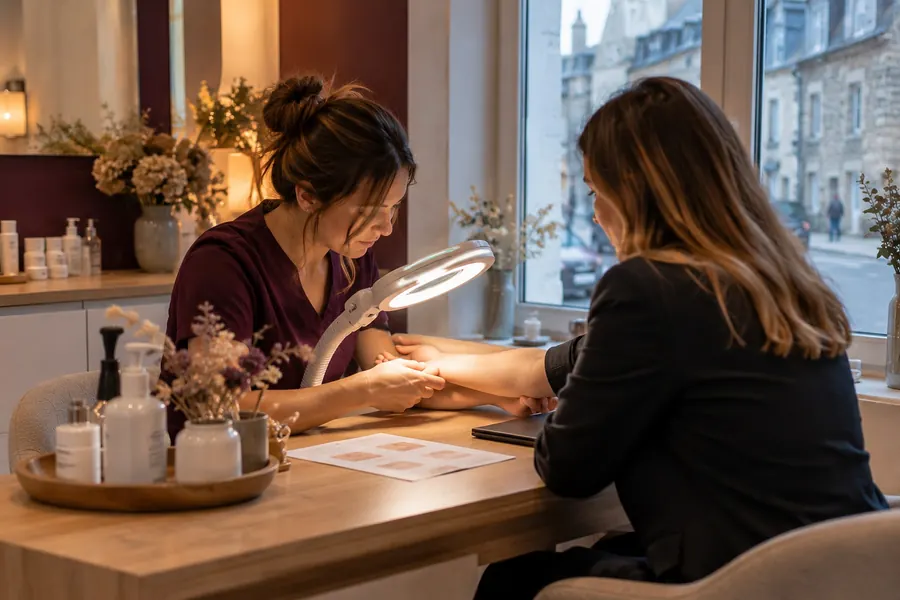 Au comptoir de bilan près de la fenêtre, une esthéticienne en tunique prune examine sous une lampe-loupe l’avant-bras d’une cliente en veste noire ; une fiche d’information est posée entre elles, avec des flacons sur un plateau et, dehors, des façades de pierre et d’ardoise sous un ciel gris