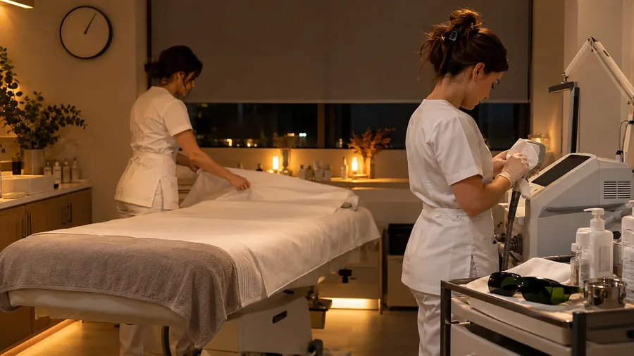 Fin de soirée en cabine : une esthéticienne en blouse blanche tend un drap propre sur la table de soin, l’autre essuie la pièce à main de l’appareil de lumière pulsée avec des gants ; deux paires de lunettes de protection sur le chariot, une horloge murale, des bougies et la nuit derrière le store à demi baissé
