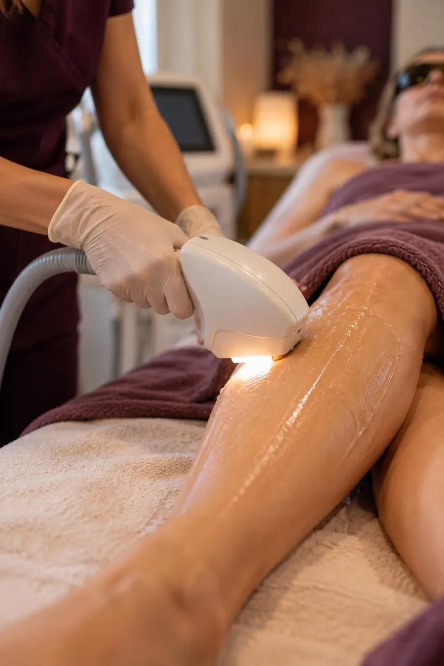 Gros plan sur une séance d’épilation à la lumière pulsée : l’esthéticienne en tunique prune et gants blancs passe la pièce à main de l’appareil sur la jambe enduite de gel d’une cliente allongée, un éclat de lumière chaude sous la pièce ; au fond, la cliente porte des lunettes de protection teintées, l’appareil blanc et une lampe allumée