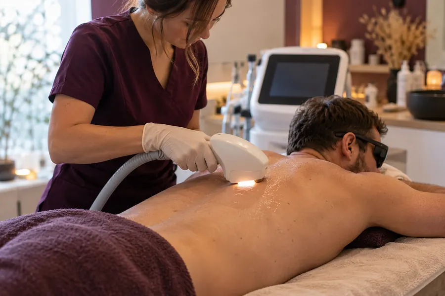 Un homme allongé sur le ventre, dos nu et lunettes de protection sombres, pendant qu’une esthéticienne en tunique prune et gants blancs passe la pièce à main de l’appareil de lumière pulsée sur son omoplate ; serviette prune sur les reins, cabine aux tons crème avec l’appareil blanc et une bougie au fond
