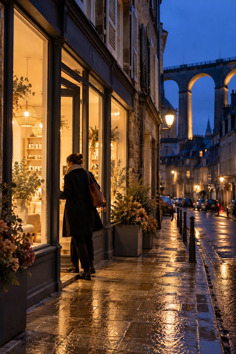 À la nuit tombée, une femme en manteau noir, sac de cuir à l’épaule, pousse la porte d’une vitrine éclairée aux suspensions en osier, dans une rue de Morlaix aux façades de pierre ; le trottoir dallé luit sous la pluie, des bornes noires bordent la rue et, au fond, les arches illuminées du viaduc se détachent sur le ciel bleu nuit