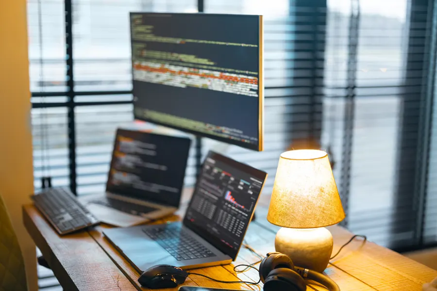 Poste de travail d’un créateur de sites : écran de code, ordinateurs portables et lampe de bureau