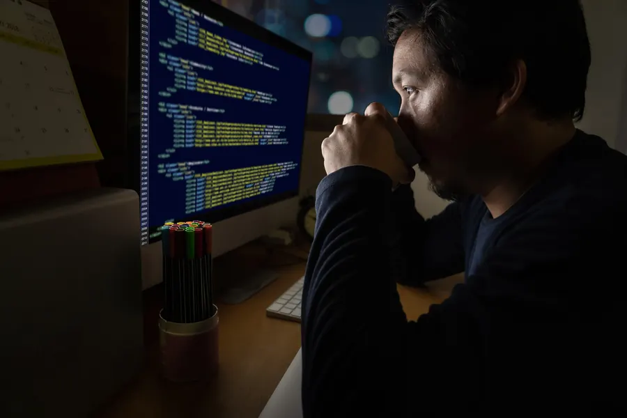 Un développeur concentré devant du code, le soir