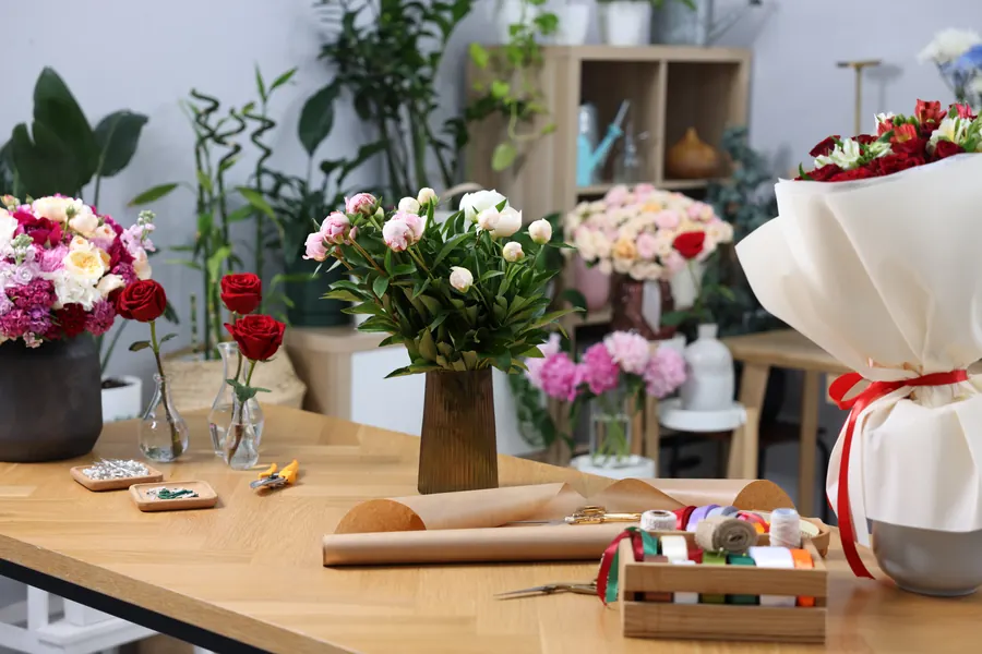 Des compositions florales et des outils de fleuriste sur un plan en bois